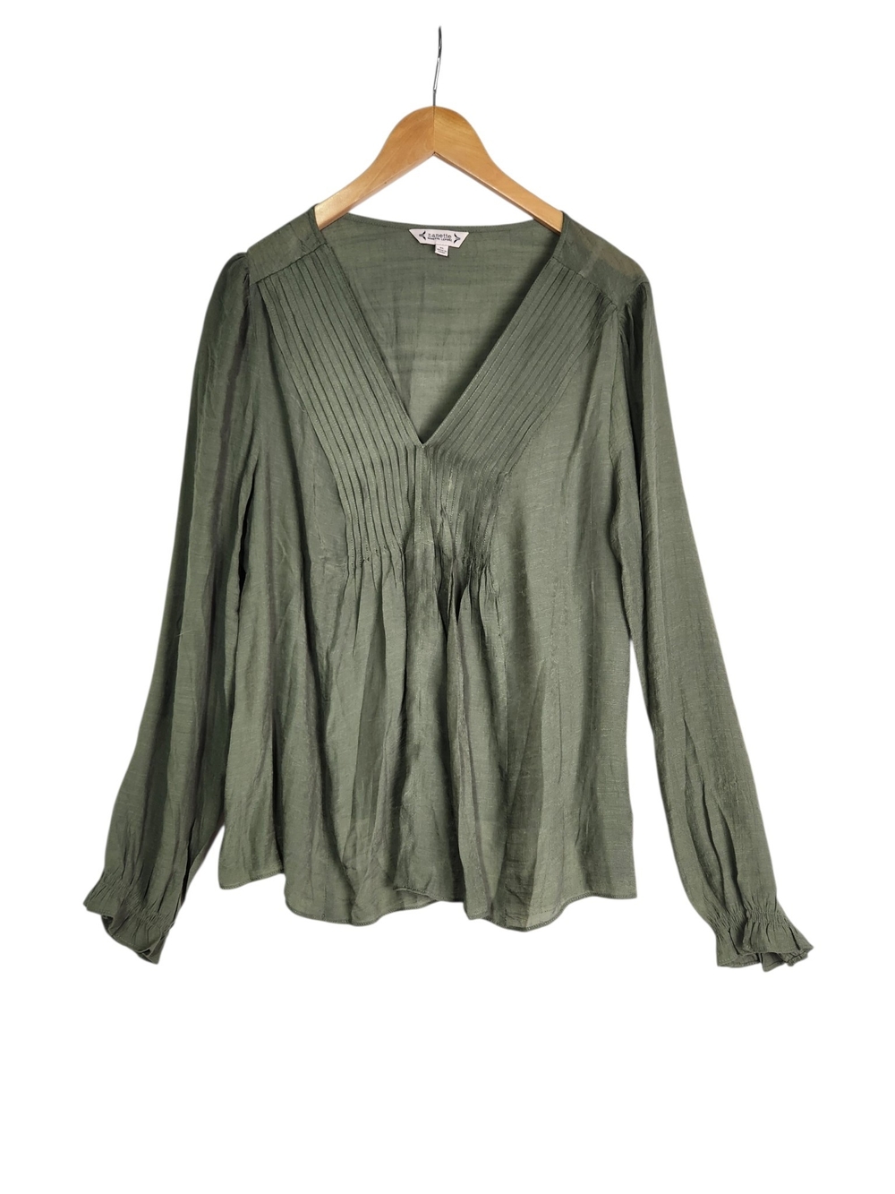 Nanette Lepore XL Olive Green Pintuck Blouse V Neck Long Sleeve Boho Top